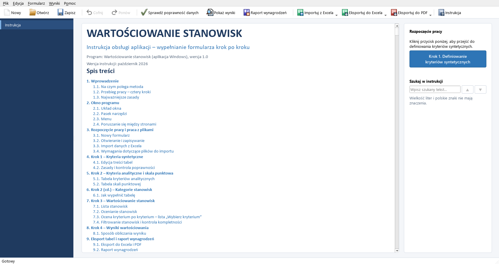 Strona Instrukcja w oknie programu